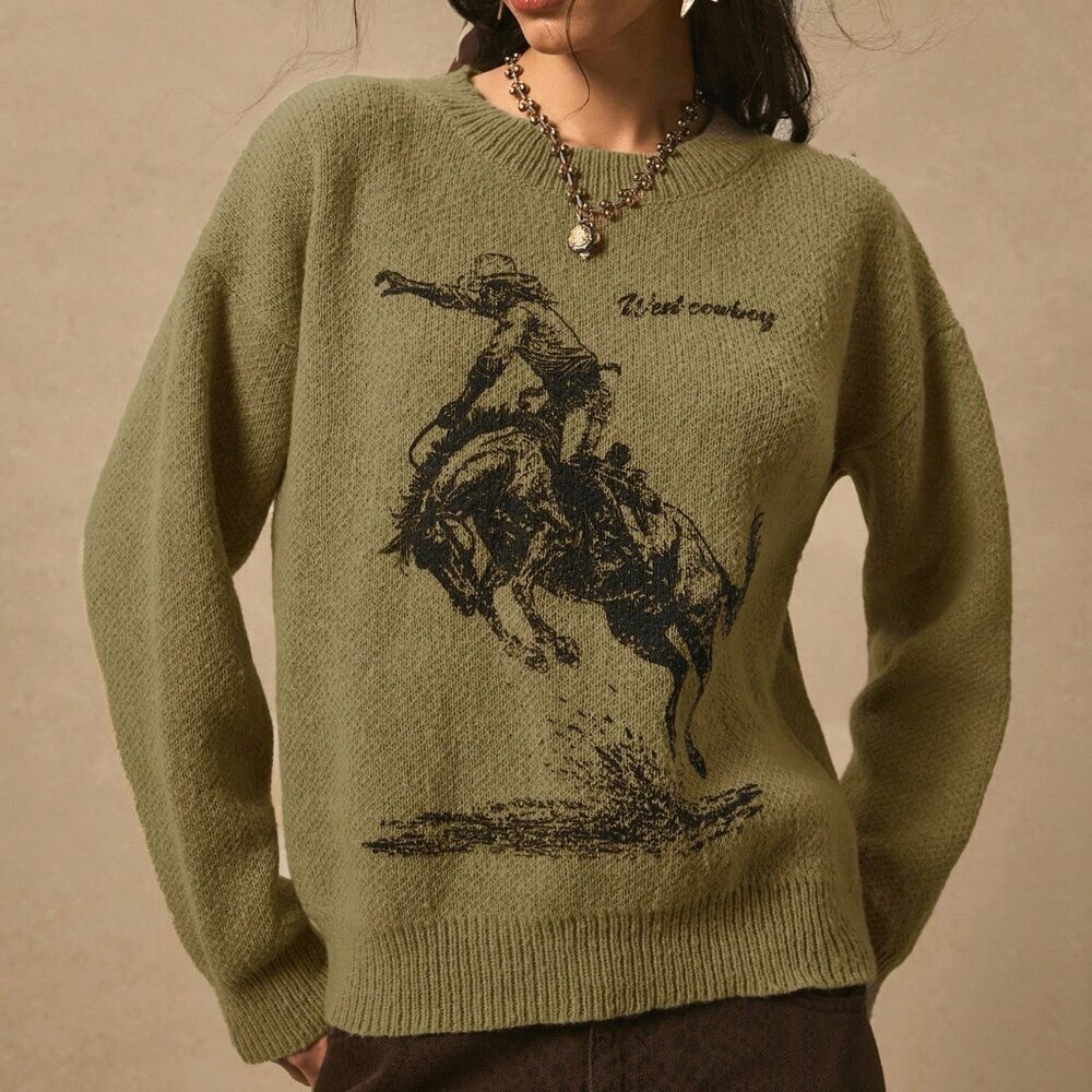 Green Casual Women's Graphic Rodeo Sweater